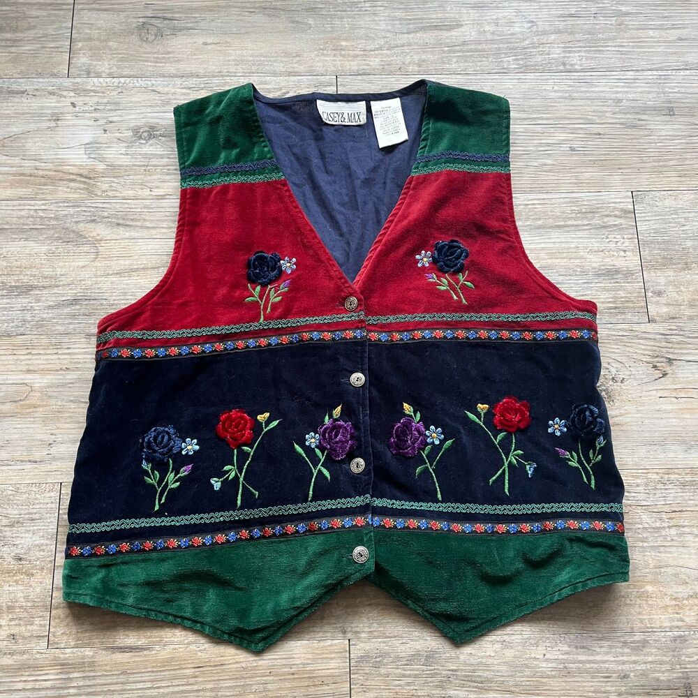 Vintage Vest Embroidered Women's Large Casey & Max Floral Velvet Unique 90s